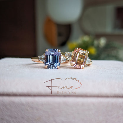 YG Sunset Tourmaline Ring with Trapezoid White Diamonds