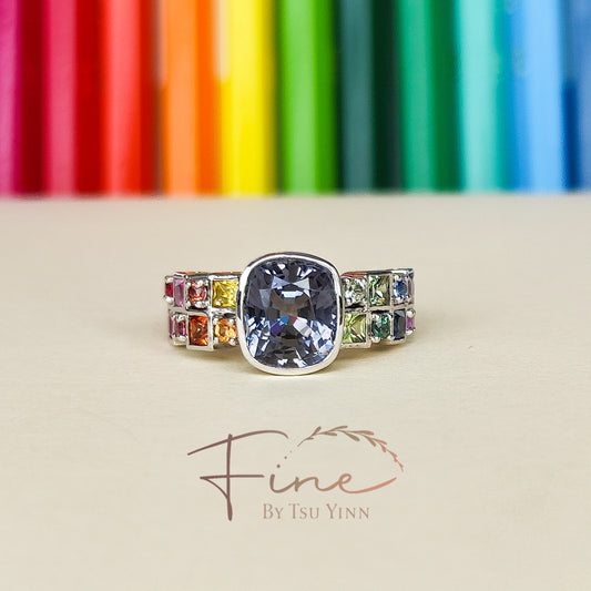 WG Grey Spinel and Rainbow Gemstones Ring