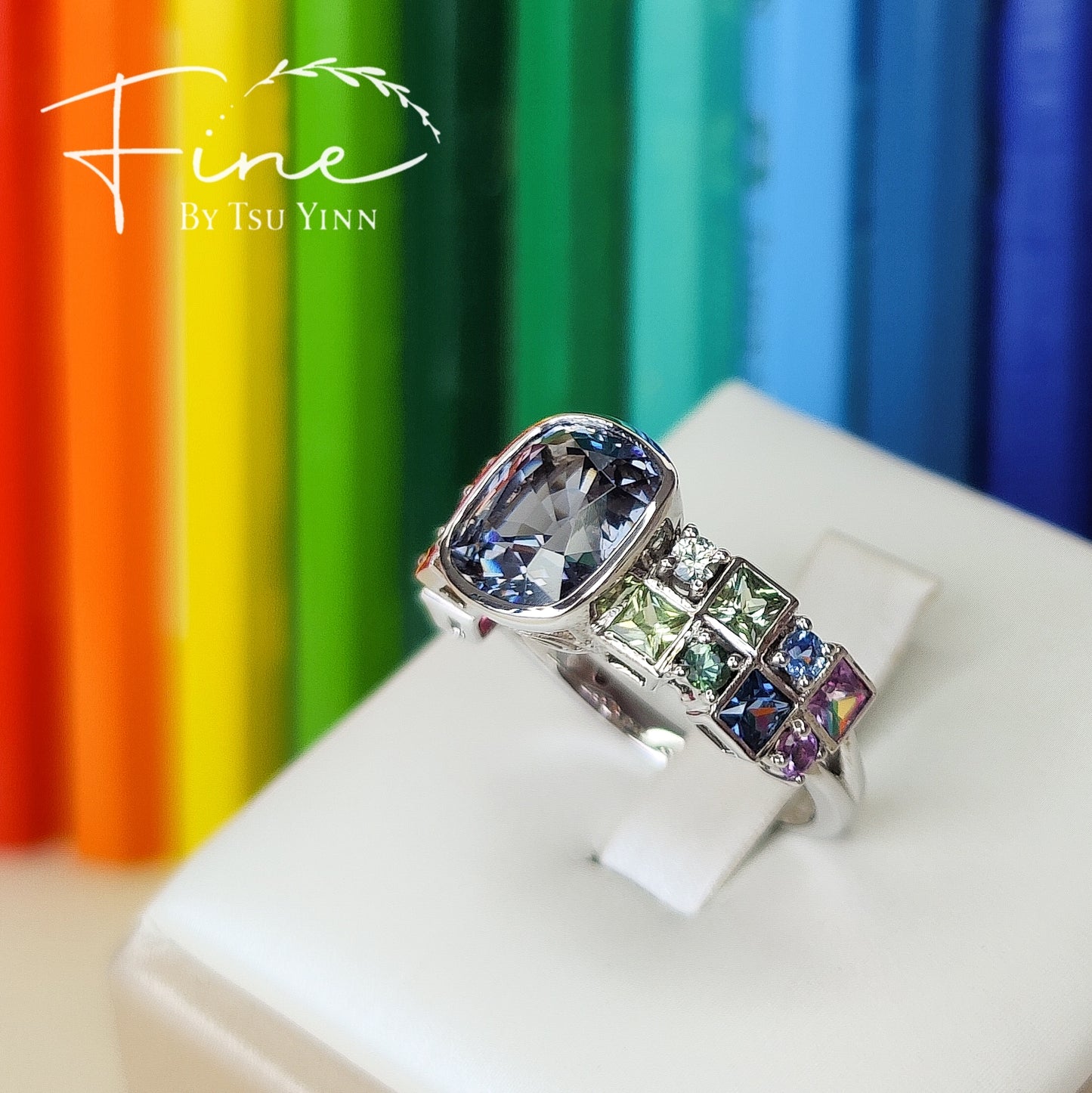 WG Grey Spinel and Rainbow Gemstones Ring