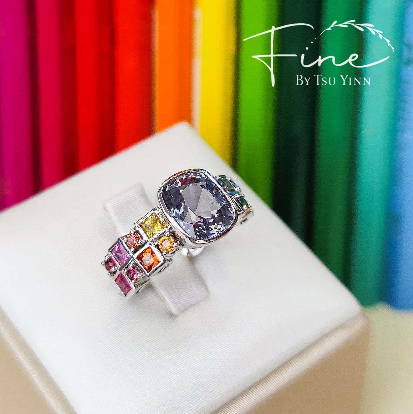 WG Grey Spinel and Rainbow Gemstones Ring