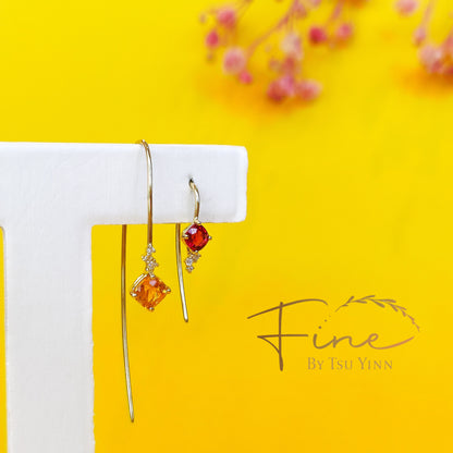 YG Spessartite Garnet and Diamond Long Hook Earrings