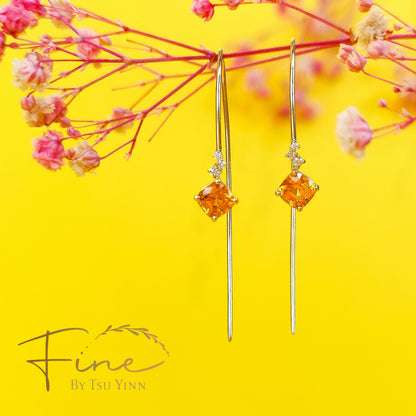 YG Spessartite Garnet and Diamond Long Hook Earrings