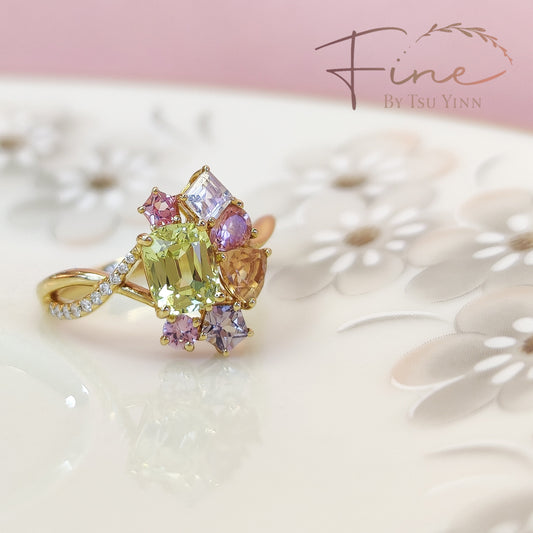 YG Chysoberyl, Spinel, Moonstone, Tourmaline Ring with Asymmetric Diamond Side Twist.