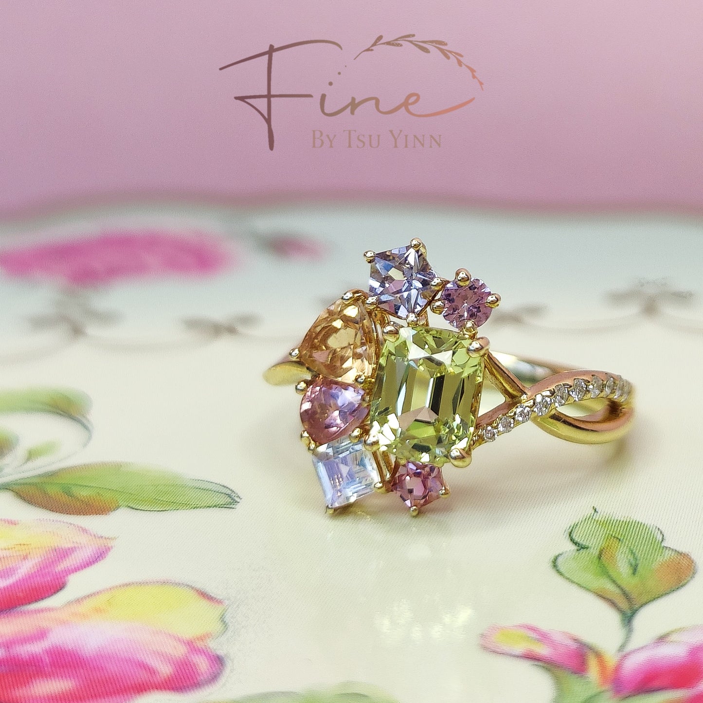YG Chysoberyl, Spinel, Moonstone, Tourmaline Ring with Asymmetric Diamond Side Twist.