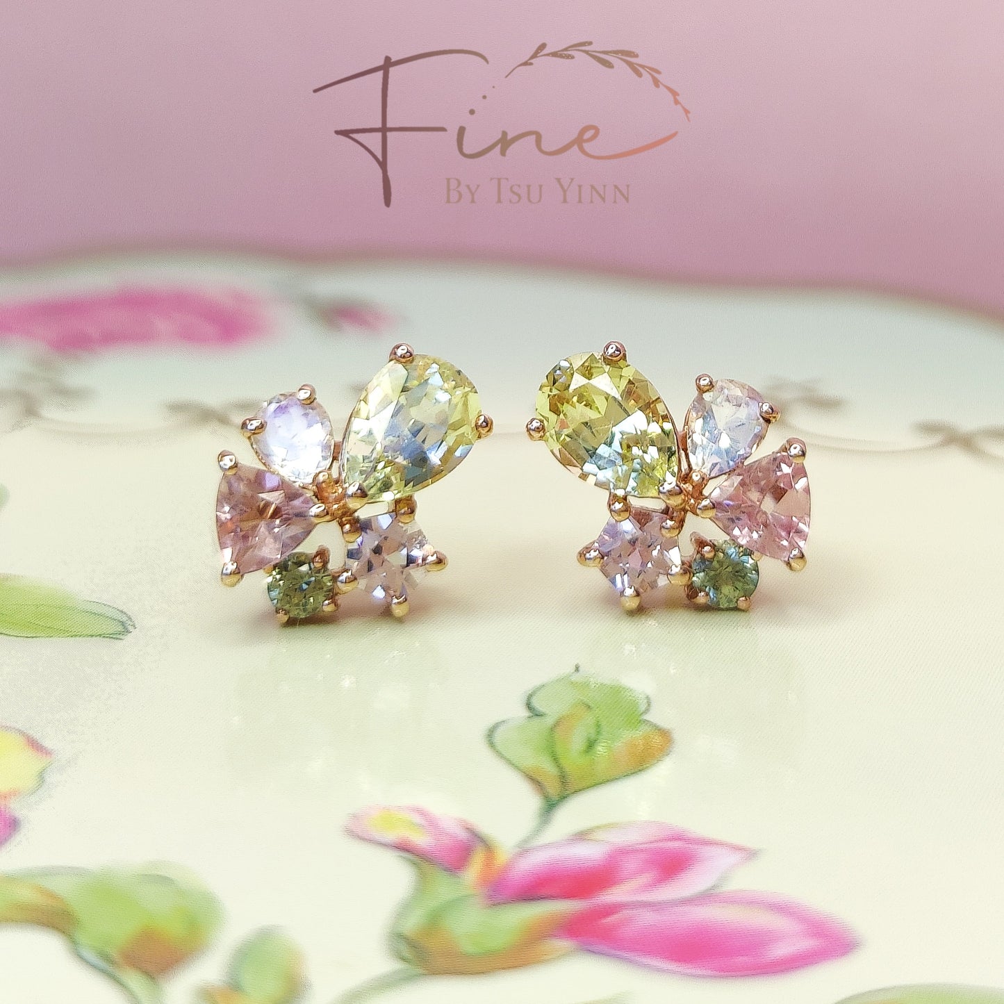 RG Cluster Studs (fixed) - Chrysoberyls, Moonstones, Pink Tourmalines, Green Sapphires and Pink Spinels