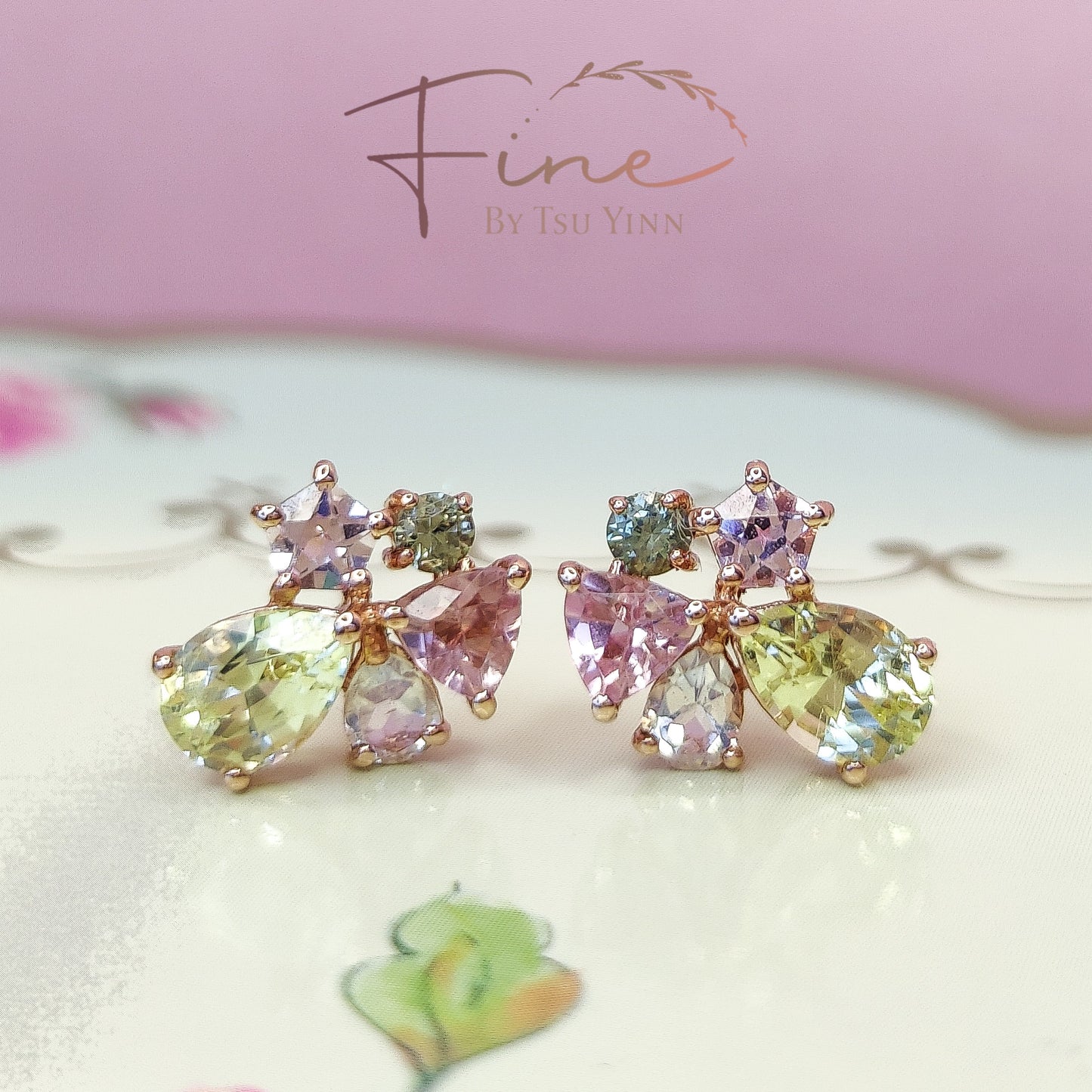 RG Cluster Studs (fixed) - Chrysoberyls, Moonstones, Pink Tourmalines, Green Sapphires and Pink Spinels