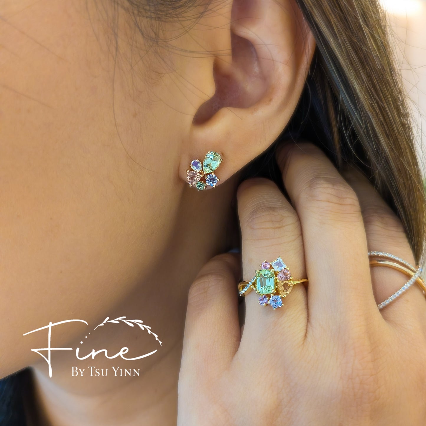 RG Cluster Studs (fixed) - Chrysoberyls, Moonstones, Pink Tourmalines, Green Sapphires and Pink Spinels