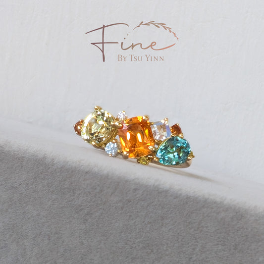 YG Messy Band with Spessartite Garnet, Chrysoberyl, Paraiba Tourmaline, Greenish-blue Tourmaline, White and Yellow Diamonds, Moonstone and Blue Zircon