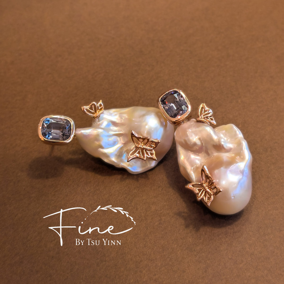 Grey Spinel Butterfly Baroque Pearl Earrings
