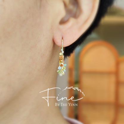 YG Spessartite Garnet Cluster Long Hook Earrings
