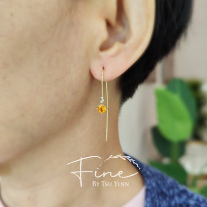 YG Spessartite Garnet and Diamond Long Hook Earrings