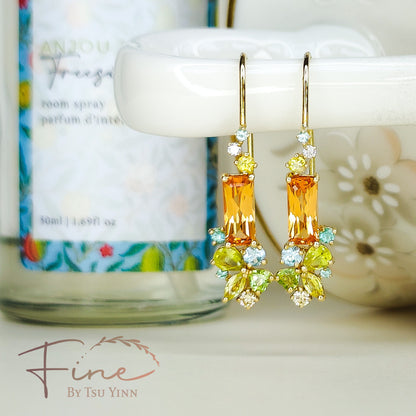 YG Spessartite Garnet Cluster Long Hook Earrings