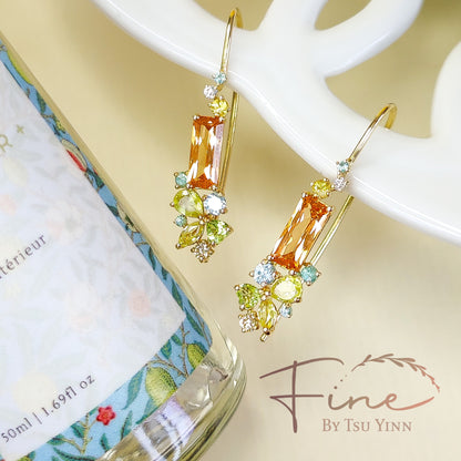 YG Spessartite Garnet Cluster Long Hook Earrings
