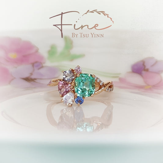 RG Cluster with Seafoam Tourmaline, Moonstone, Spinel and Sapphire and Asymmetric Diamond Side Twist