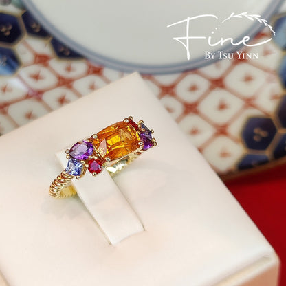 YG Spessartite Garnet Amethyst, Amethyst, Red Spinel and Blue Sapphire Rope Ring