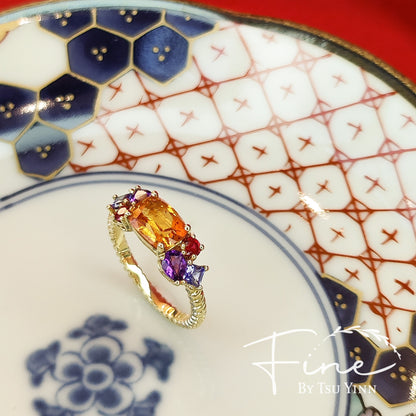 YG Spessartite Garnet Amethyst, Amethyst, Red Spinel and Blue Sapphire Rope Ring