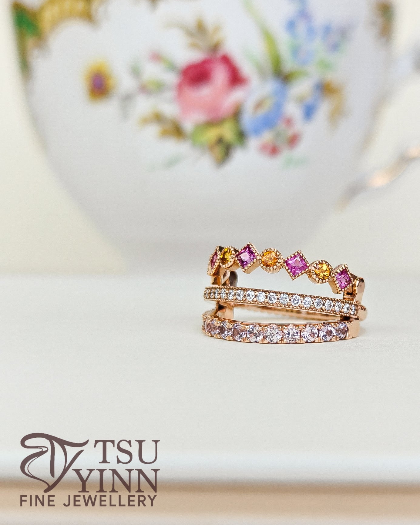 Swivel Ring with Spinels, Spessartite Garnets and Diamonds