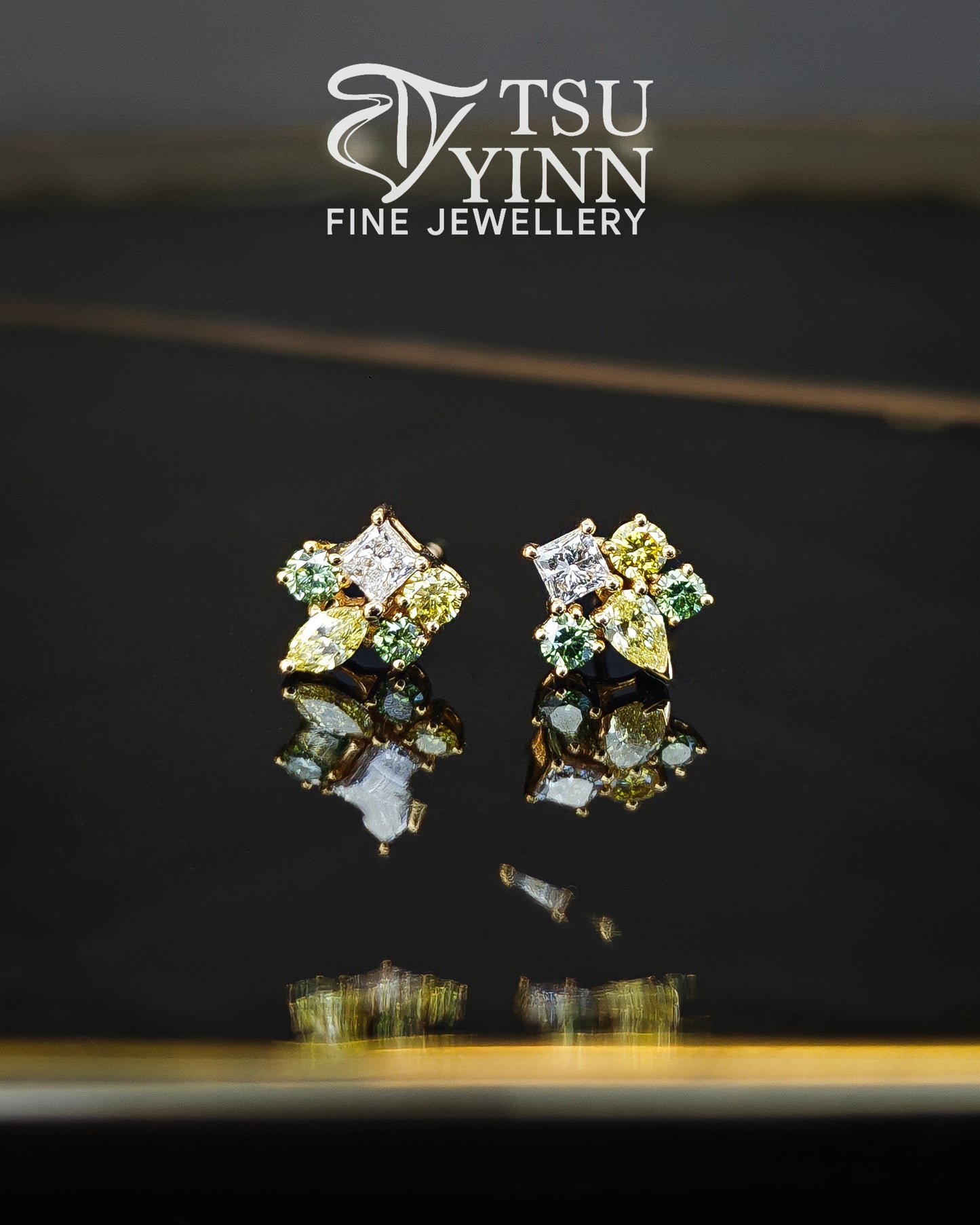 Lab Grown Green Yellow White Diamond Cluster Studs (A)