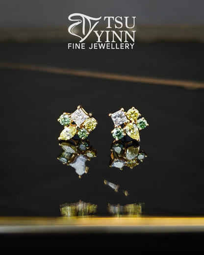 Lab Grown Green Yellow White Diamond Cluster Studs (A)