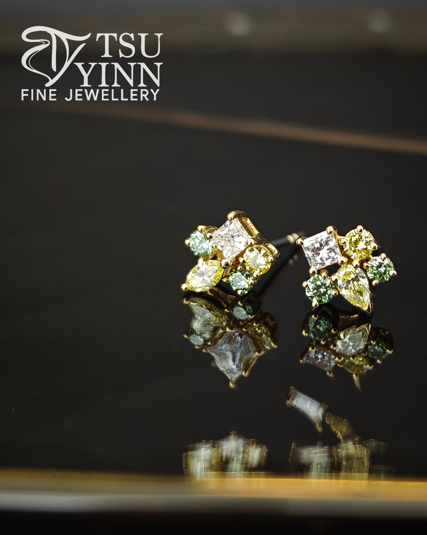 Lab Grown Green Yellow White Diamond Cluster Studs (A)