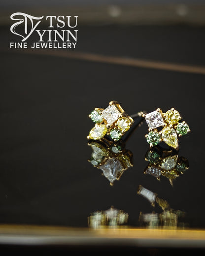 Lab Grown Green Yellow White Diamond Cluster Studs (A)