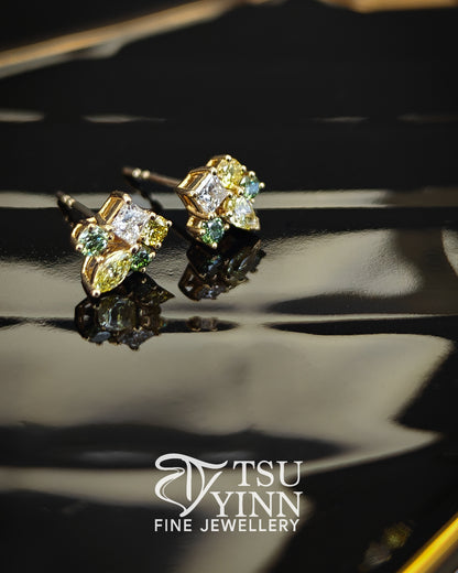 Lab Grown Green Yellow White Diamond Cluster Studs (A)