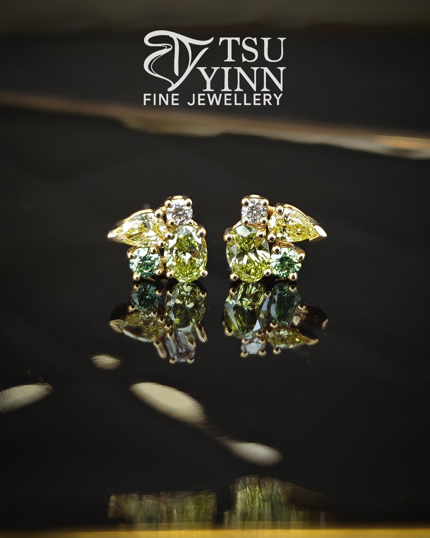Lab Grown Green Yellow White Diamond Cluster Studs (B)