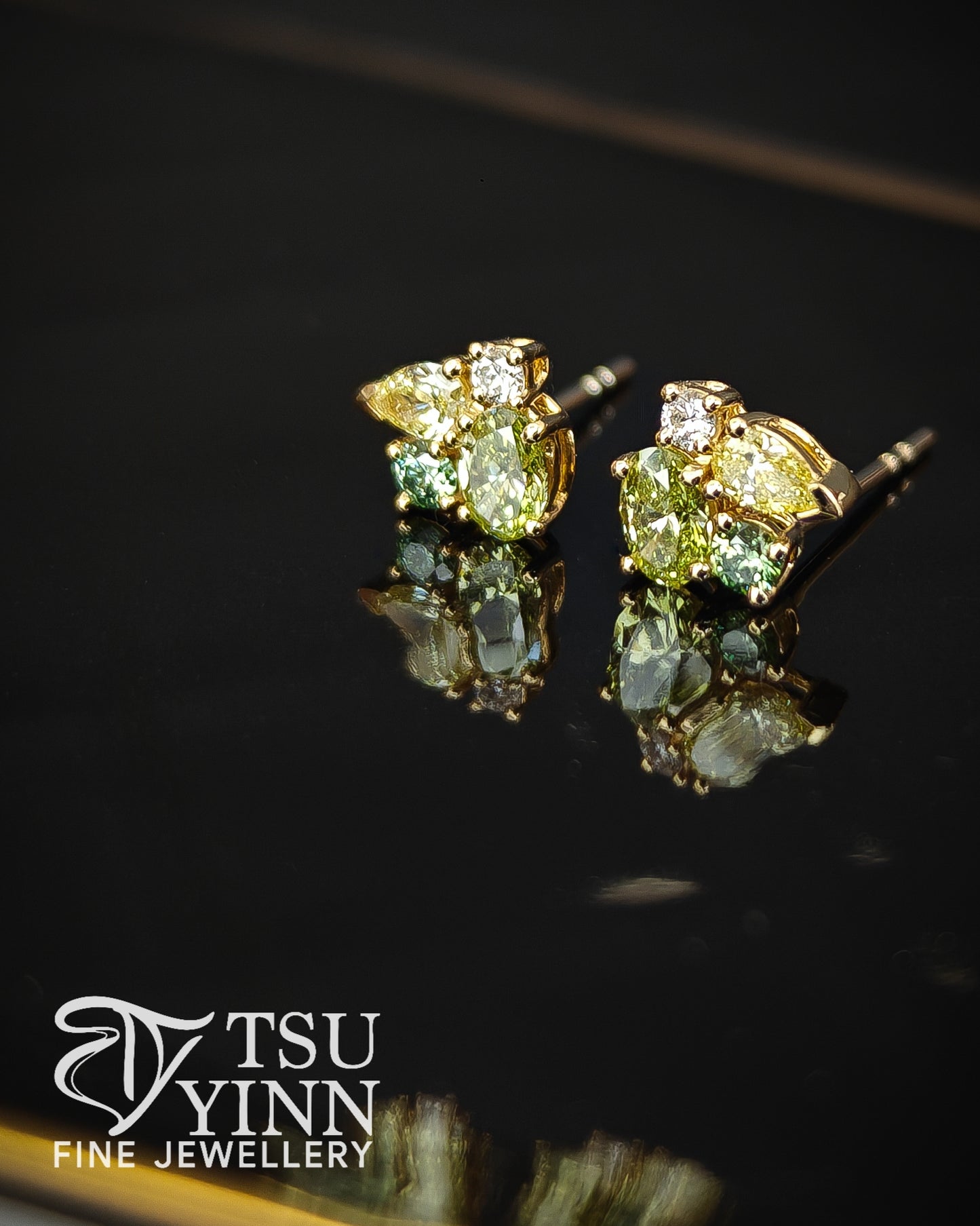 Lab Grown Green Yellow White Diamond Cluster Studs (B)