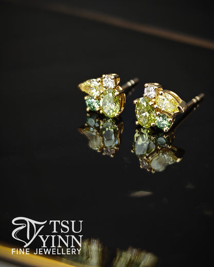 Lab Grown Green Yellow White Diamond Cluster Studs (B)