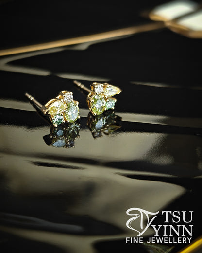 Lab Grown Green Yellow White Diamond Cluster Studs (B)