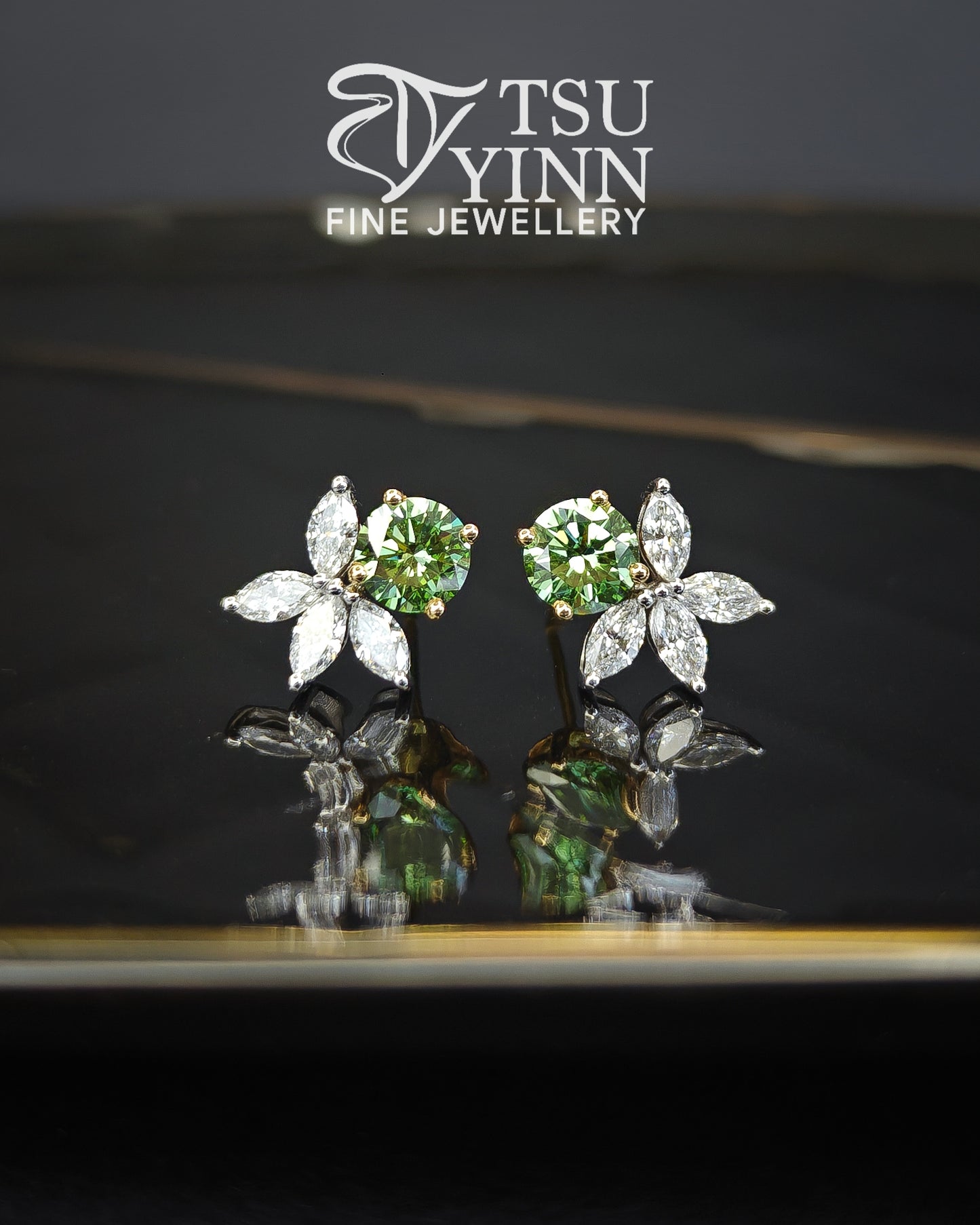 Lab Grown Green and White Diamond Allison Studs