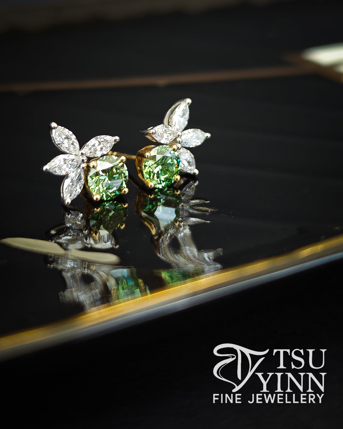 Lab Grown Green and White Diamond Allison Studs
