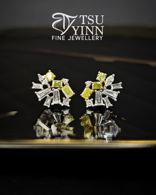 Lab Grown Yellow, Green and White Diamond Cluster Studs (C)