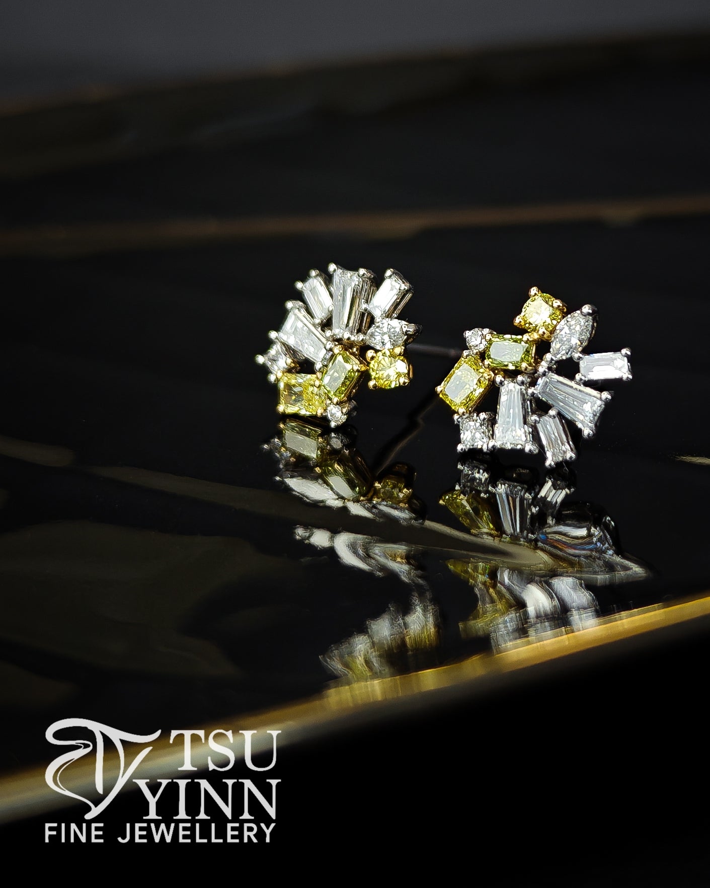 Lab Grown Yellow, Green and White Diamond Cluster Studs (C)