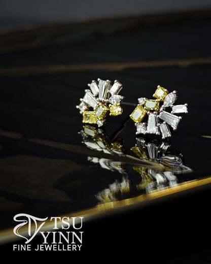 Lab Grown Yellow, Green and White Diamond Cluster Studs (C)