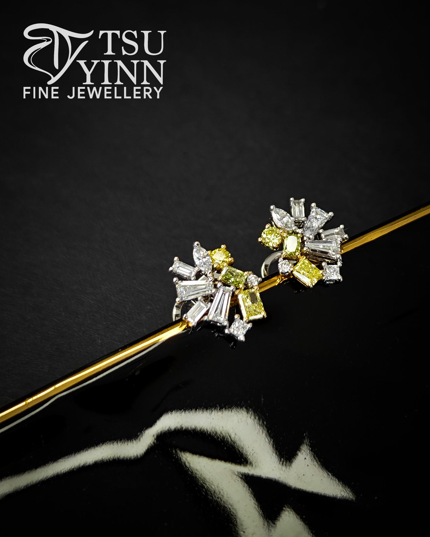 Lab Grown Yellow, Green and White Diamond Cluster Studs (C)