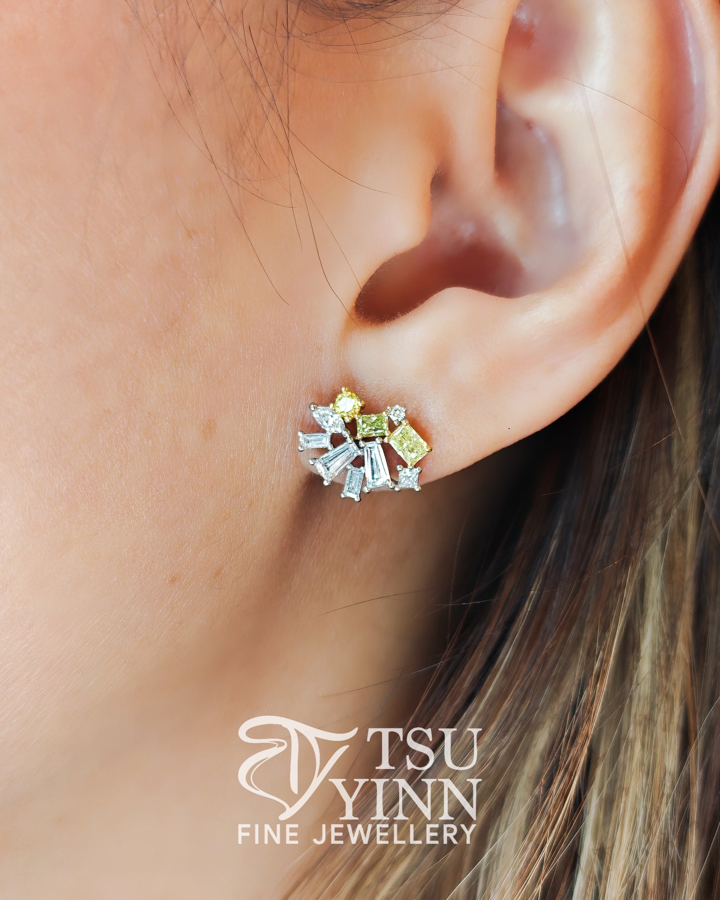 Lab Grown Yellow, Green and White Diamond Cluster Studs (C)