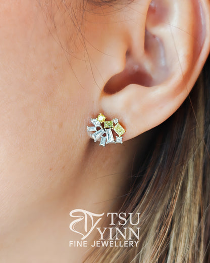 Lab Grown Yellow, Green and White Diamond Cluster Studs (C)
