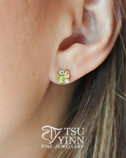 Lab Grown Green Yellow White Diamond Cluster Studs (B)