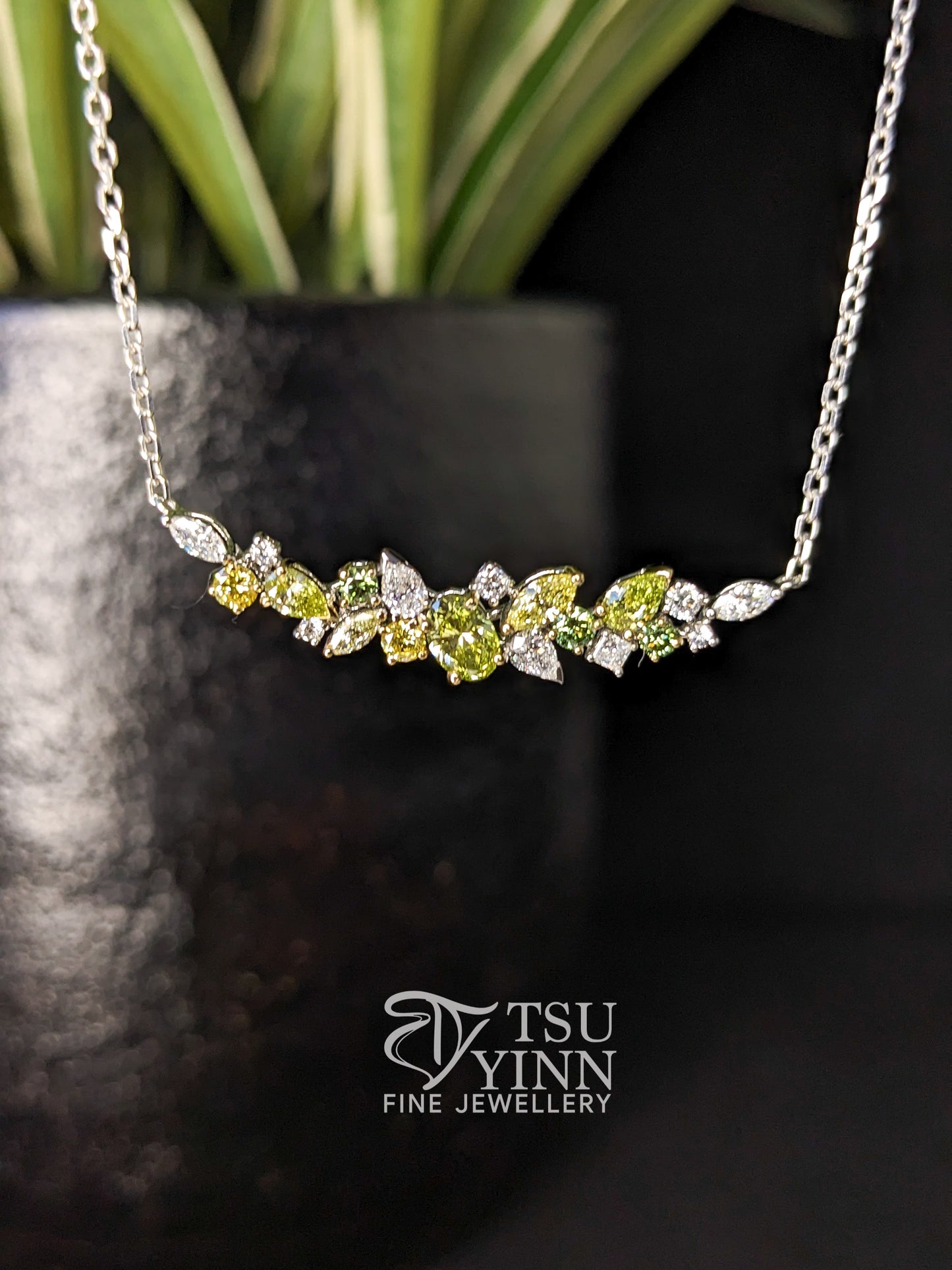 Lab Grown Green, Yellow and White Diamond Messy Band Necklace