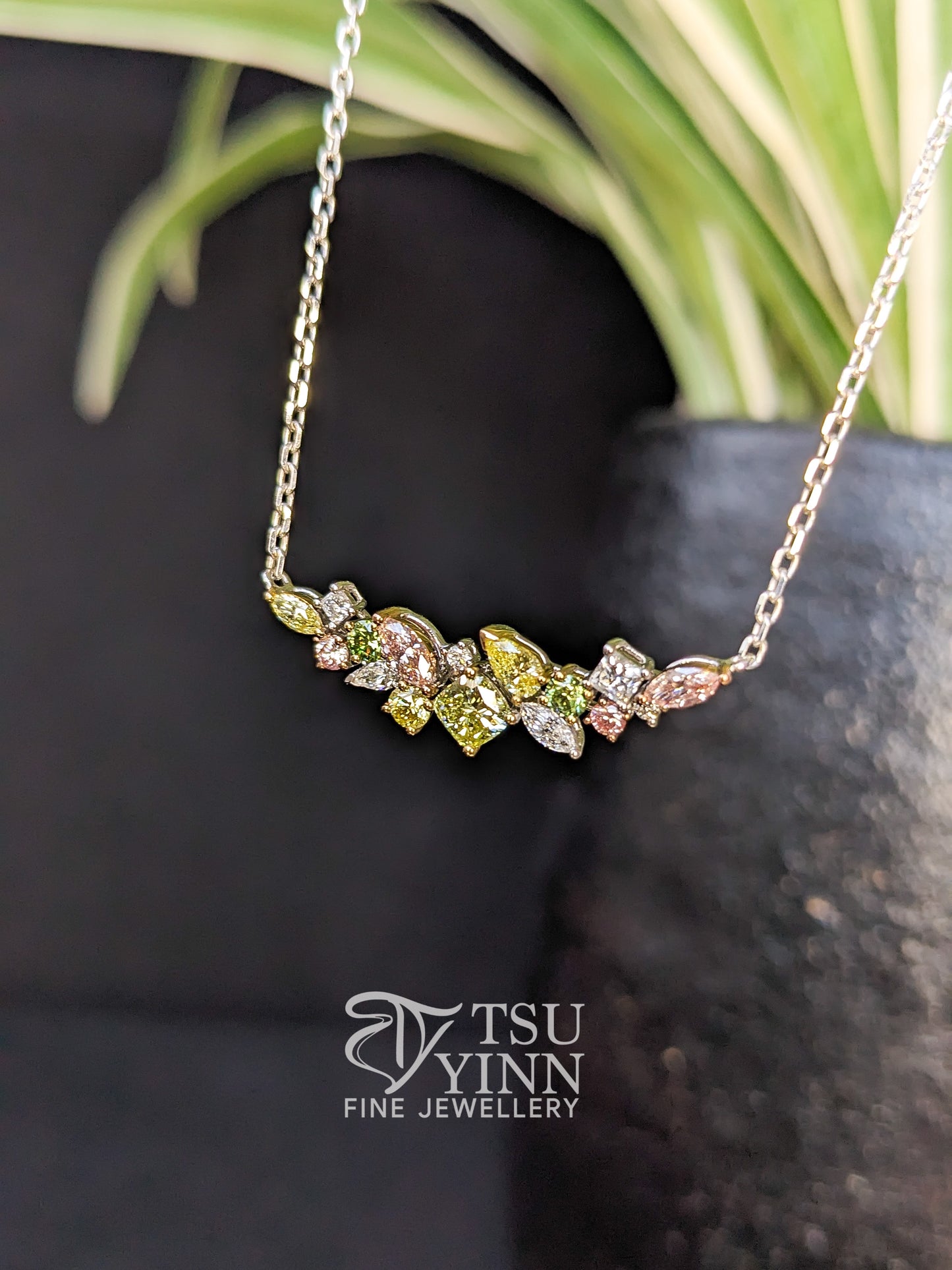 Lab Grown Pink, Yellow, Green and White Diamond Messy Band Necklace