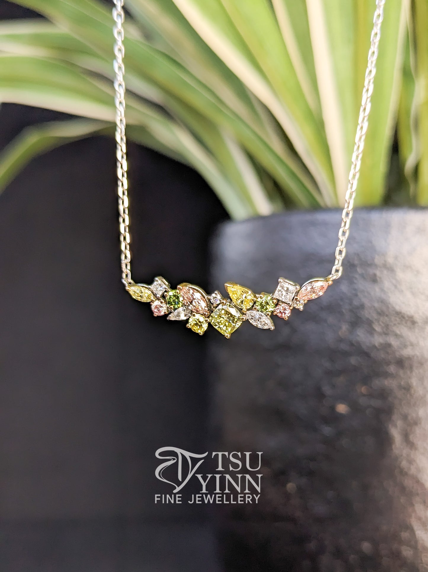 Lab Grown Pink, Yellow, Green and White Diamond Messy Band Necklace