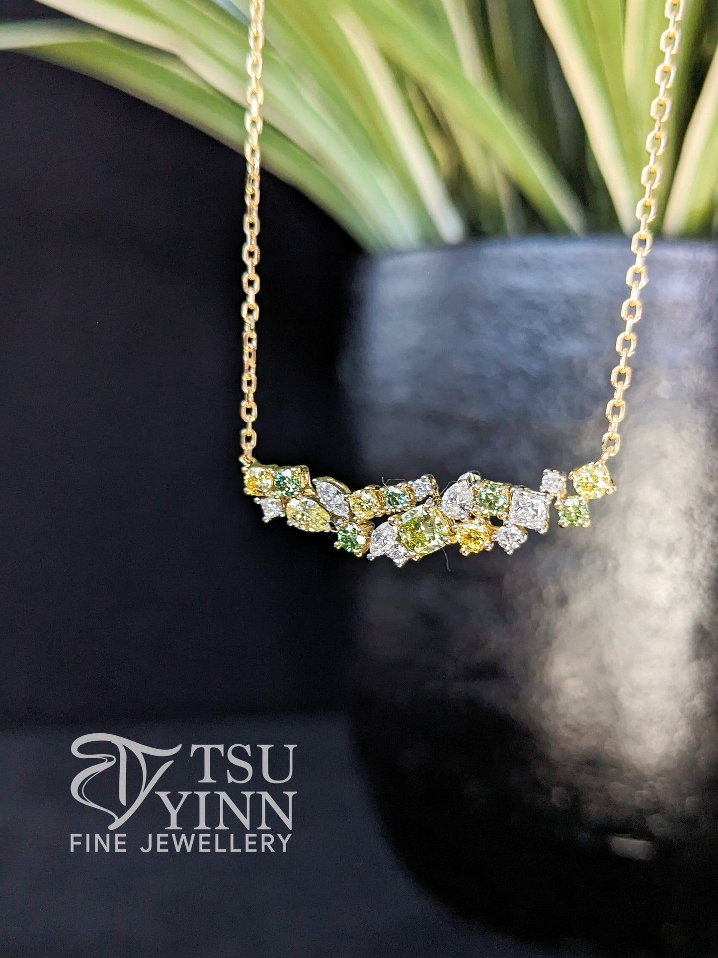 Lab Grown Green, Yellow and White Diamond Messy Band Necklace