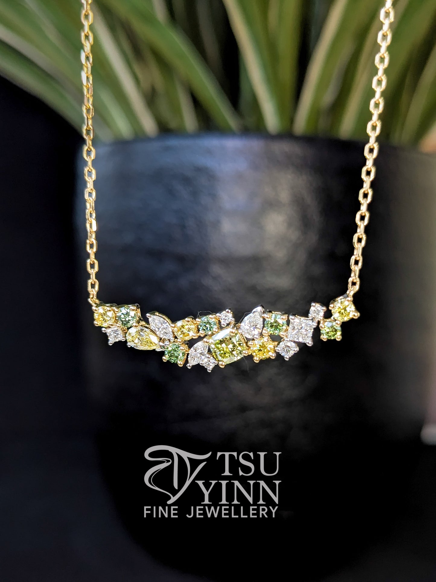 Lab Grown Green, Yellow and White Diamond Messy Band Necklace