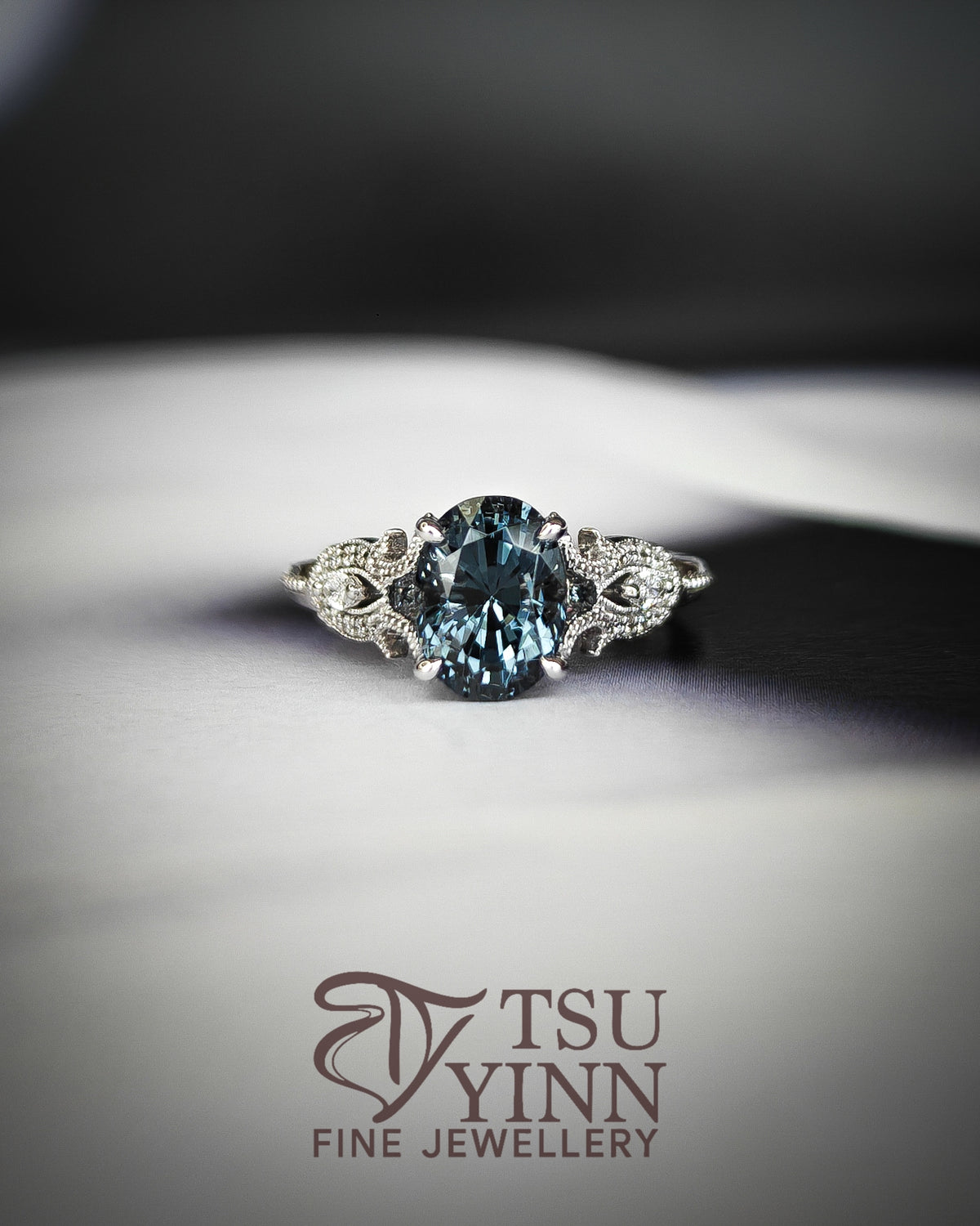 Oval Grey Spinel Vintage Setting Solitaire Ring