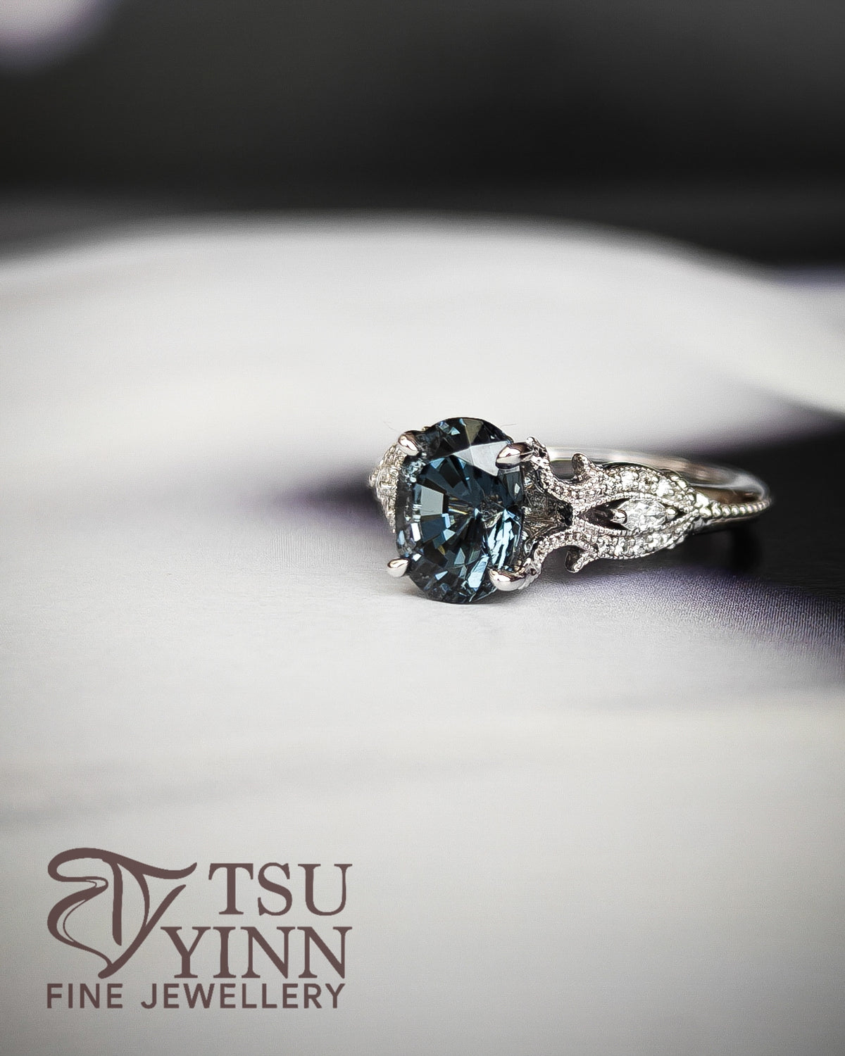 Oval Grey Spinel Vintage Setting Solitaire Ring