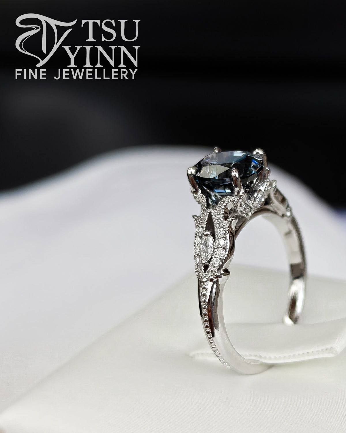 Oval Grey Spinel Vintage Setting Solitaire Ring