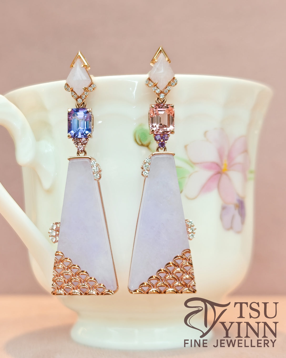 Mismatch Pink Tourmaline and Tanzanite Trapezoid Lavender Jadeite Earrings