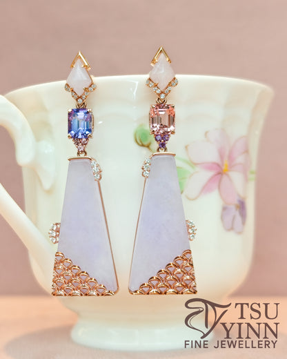 Mismatch Pink Tourmaline and Tanzanite Trapezoid Lavender Jadeite Earrings