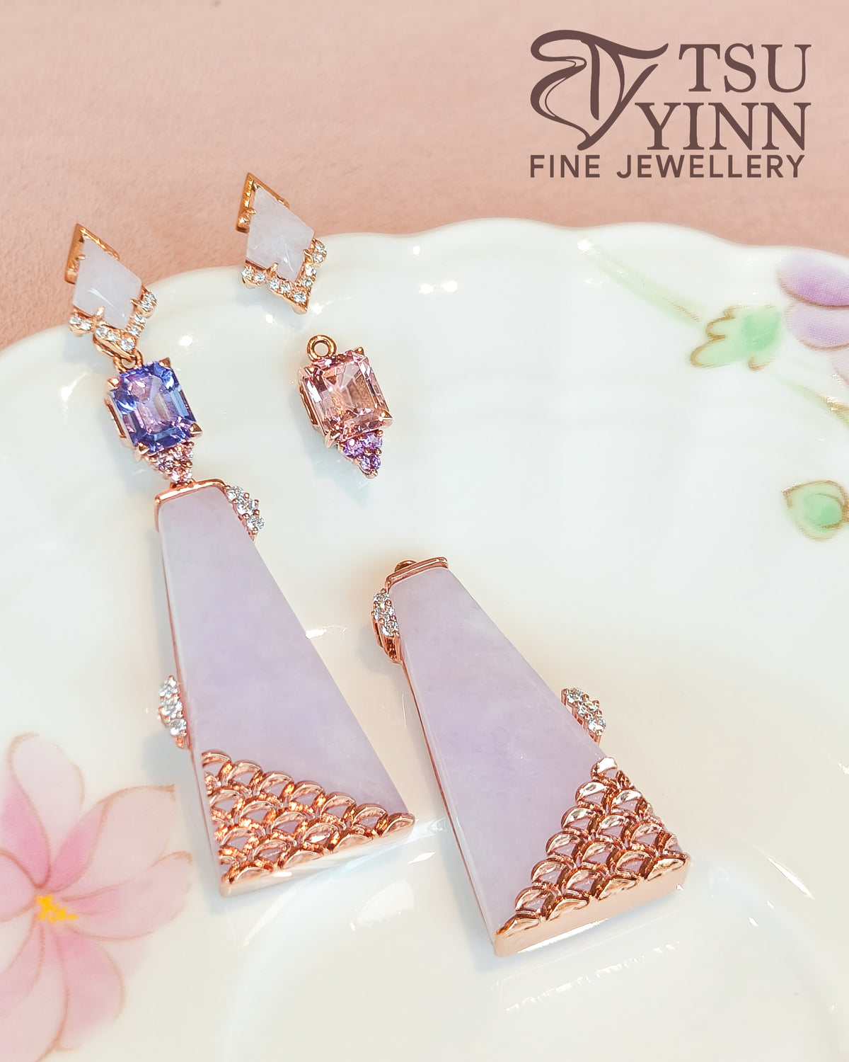 Mismatch Pink Tourmaline and Tanzanite Trapezoid Lavender Jadeite Earrings